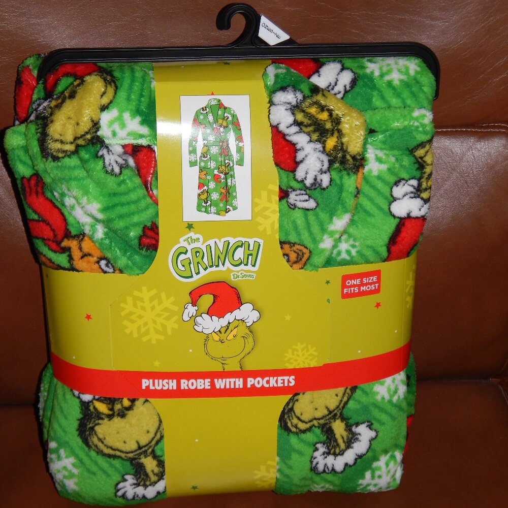 NEW NWT Adult One Size Fits Most Plush The Grinch Christmas Robe With Pockets